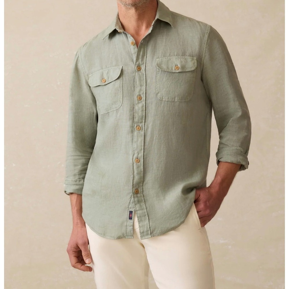 Faherty Irish Linen Long Sleeve Shirt Men's Button Up Sage Green Sz XXL